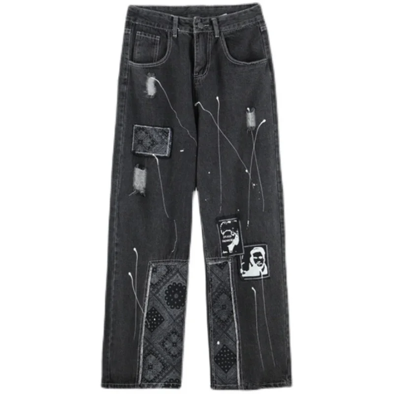 DEEPTOWN Patchwork Graffiti Jeans Men Black Denim Gothic Pants Hip Hop Punk Straight Trousers Male Loose Fashion Casual Spring