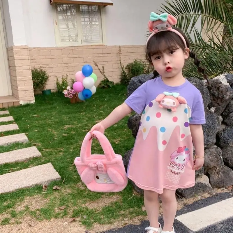 

Kawaii Sanrios My Melody детская одежда летнее платье для девочек с круглым вырезом милое мультяшное детское платье-футболка с принтом мороженого