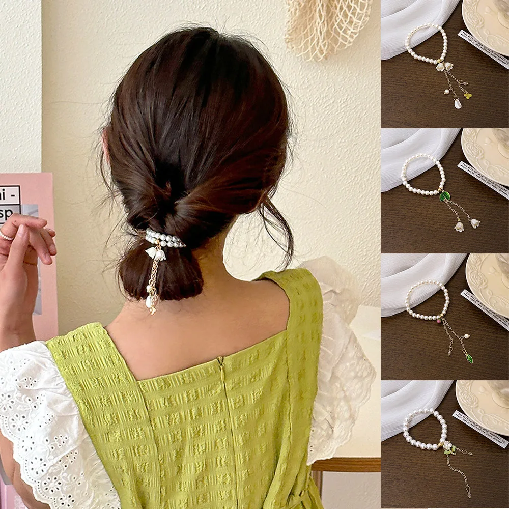 

Imitation Pearl Elastics Hair Band Girls Ponytail Holder Tulip Pendant Hair Rope Pearl Bracelet Hair Ring DIY Hair Accessories
