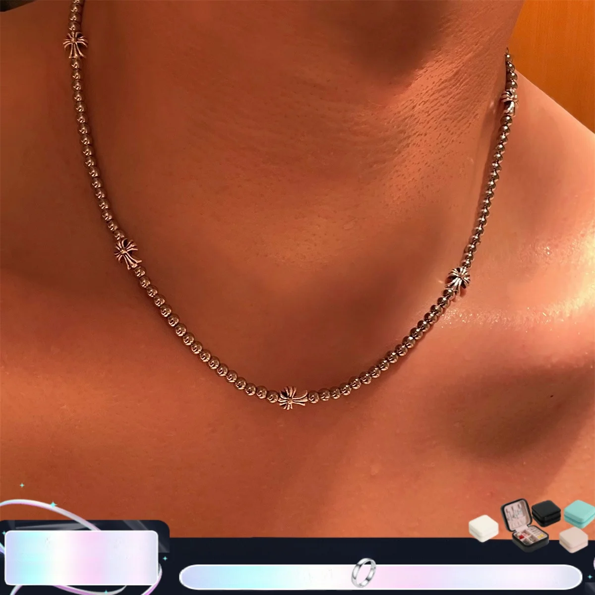 Summer New Cross Flower Beaded Necklace Men's Hip Hop Sle Women Design Sense Choker Couple Sweater Chain