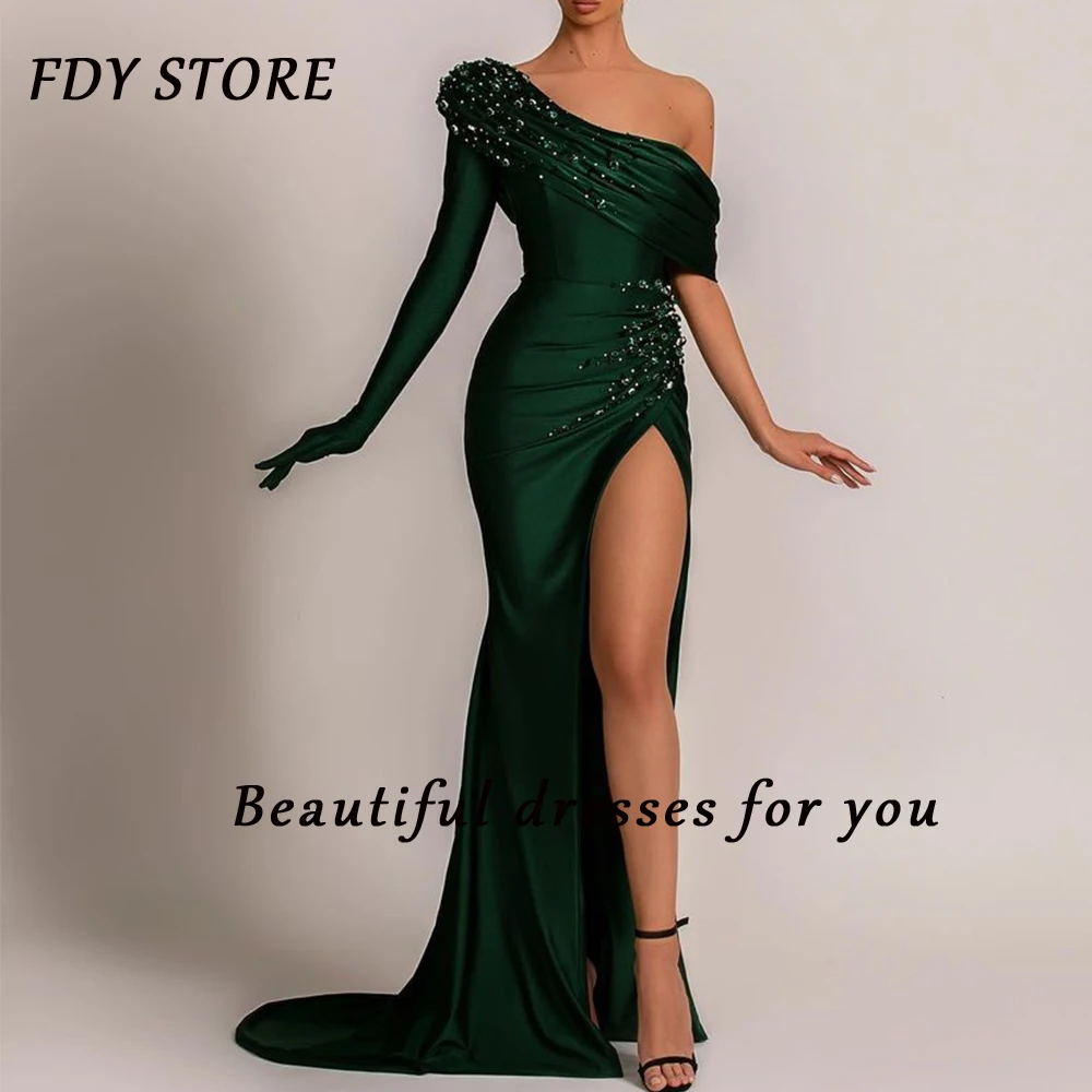 

FDY Store Cocktail One-Shoulder Beaded Sheath Split Fork Zipper Up Evenning Prom Ball-gown Dress Formal Occasion Party for Women