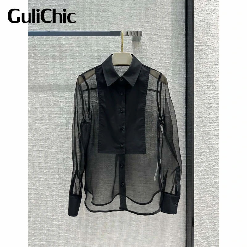 

1.3 GuliChic Women Elegant Temperament Sexy See Through Mesh Patchwork Turn Down Collar Long Sleeve Shirt