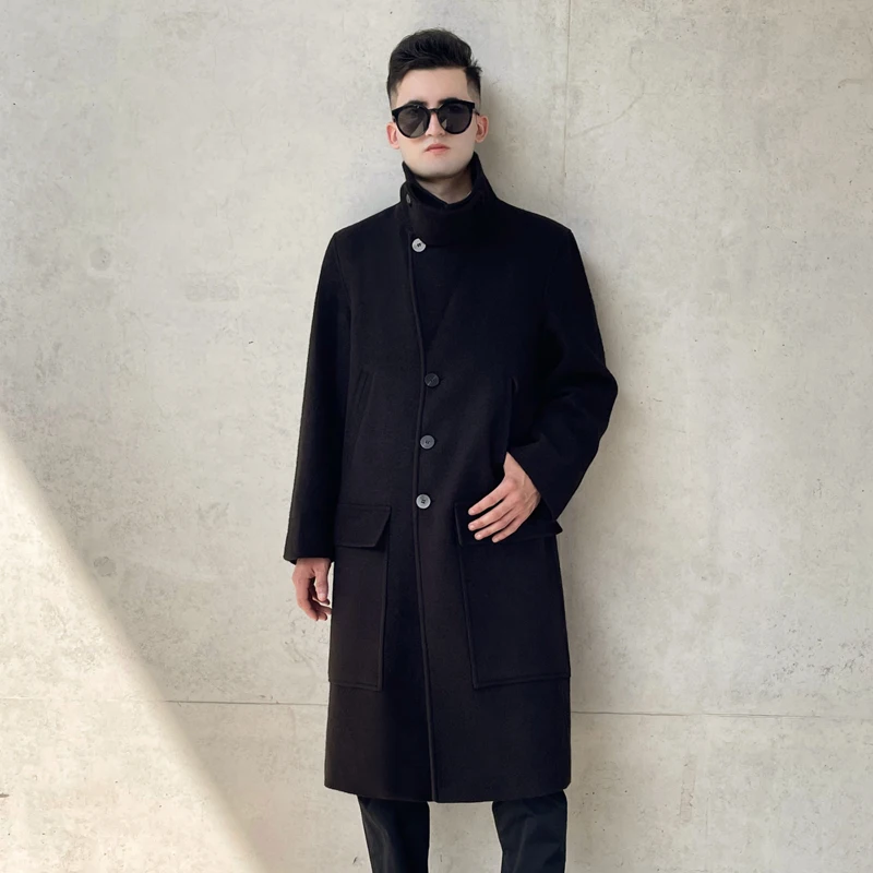 Длинное шерстяное пальто выше колена для мужчин двубортное утепленное защитное