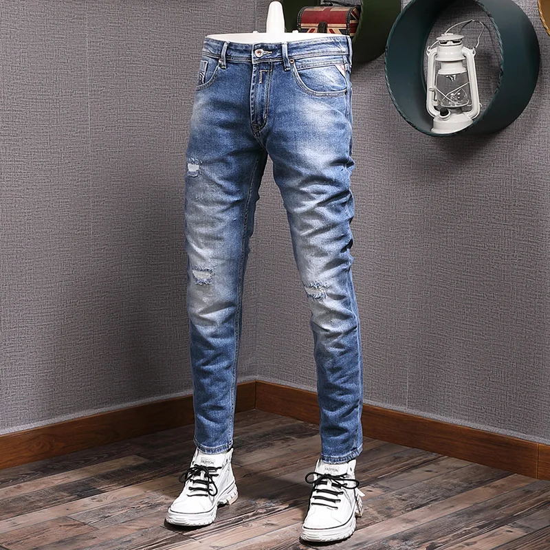 

Italian Style Fashion Men Jeans Retro Blue Elastic Slim Fit Destroyed Ripped Jeans Homme Vintage Designer Casual Denim Pants Men