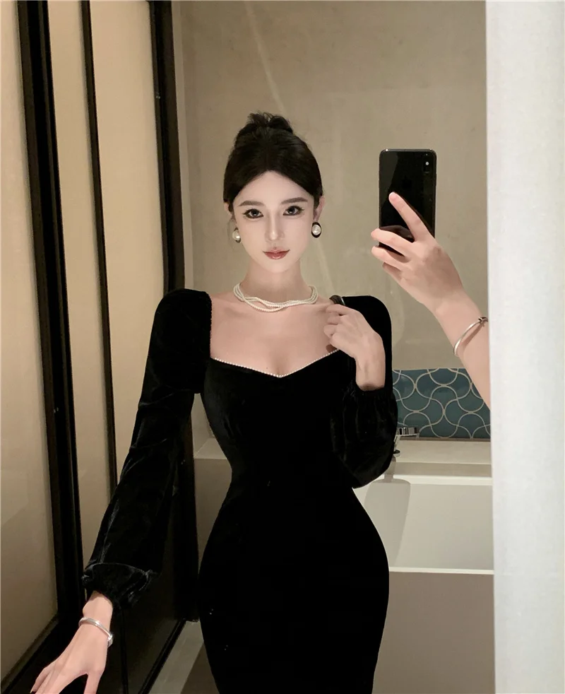 Черное бархатное платье с длинными рукавами в стиле ретро Hepburn Sle женское