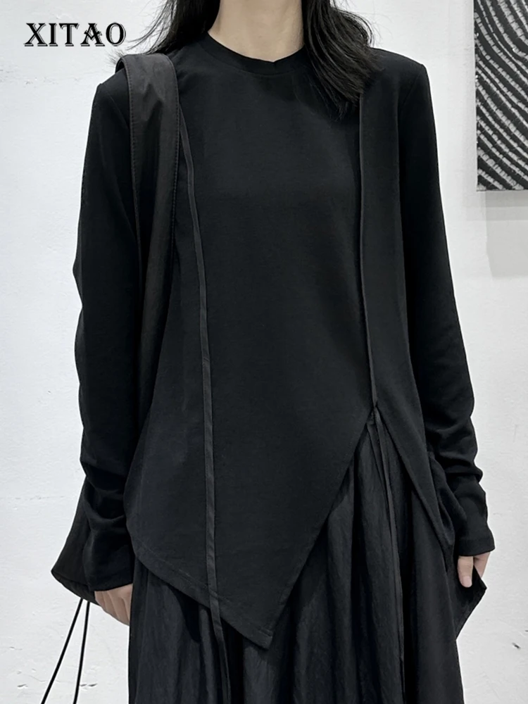 

XITAO O-neck Full Sleeve Irregular T-shirt Loose Casual Solid Color Simplicity 2023 Autumn Women New All-match T-shirt DMJ2302
