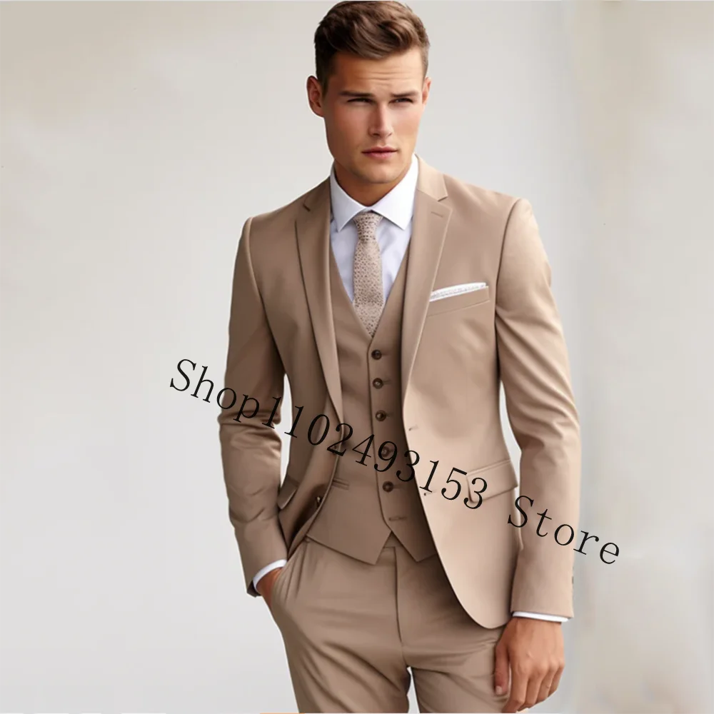 Мужской костюм цвета хаки из 3 предметов Свадебный с отложным воротником и двумя