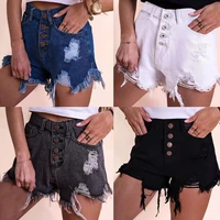 women summer denim shorts ladies ripped hole button jeans shorts with tassel