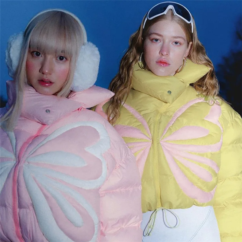 WeiYao Butterfly Print Bubble Coat Women Turtleneck Quilted Puffer Zipper Thick Cotton-Padded Casual Street Outwear Parkas
