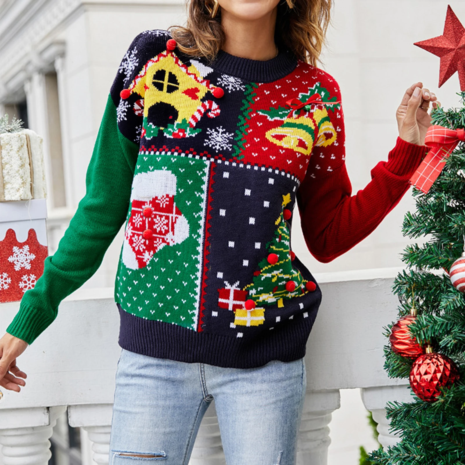

Crochet Pullovers Snowflake Christmas Tree Pattern Knitwear Sweater Loose Fit Long Sleeve Christmas Style Crew Neck Daily Outfit
