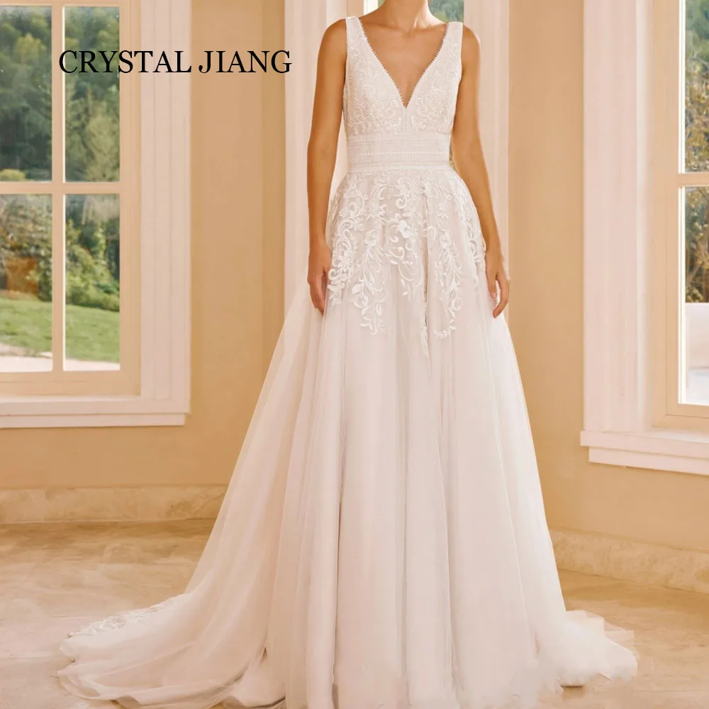 

Vintage Long V Neck Wedding Dresses Sleeveless with Lace Applique Robe De Mariée 2024 Custom Made Vestido De Novias