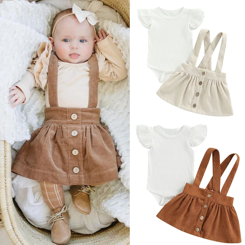 

Модные летние комплекты одежды для новорожденных девочек, трикотажные комбинезоны в рубчик с рукавами-летучими рукавами + Вельветовая юбка...