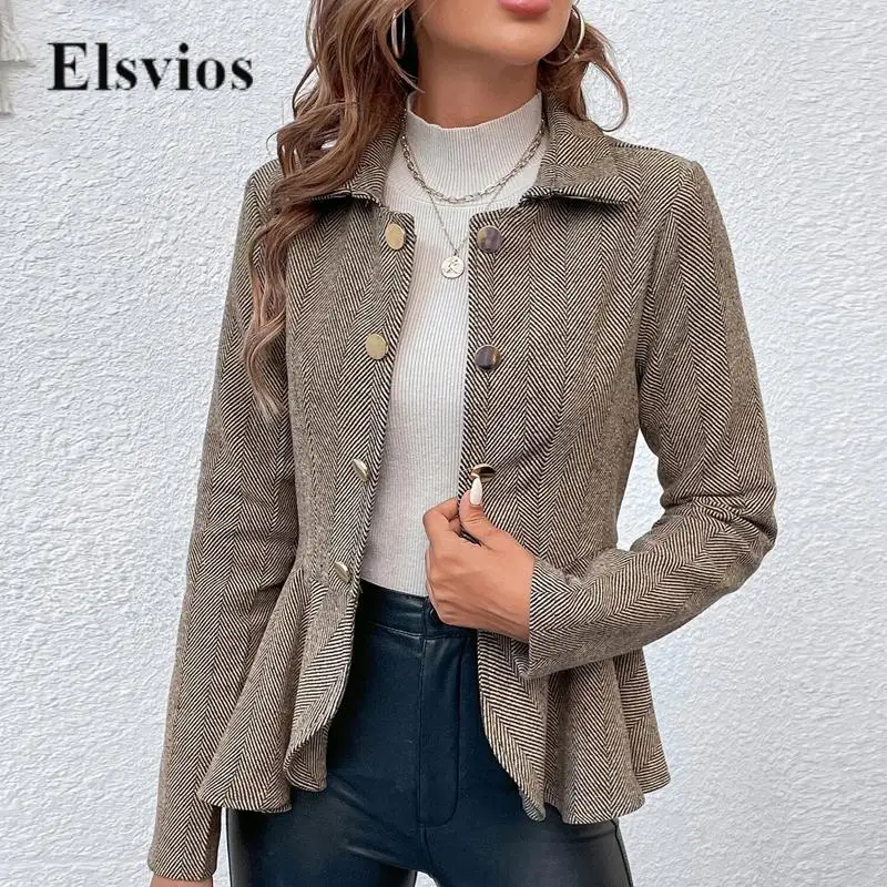 

Office Elegant Single-breasted Slim Blazer Outwear Women Fashion Casual Jacket Vintage Jacquard Irregular Ruffle Hem Office Coat