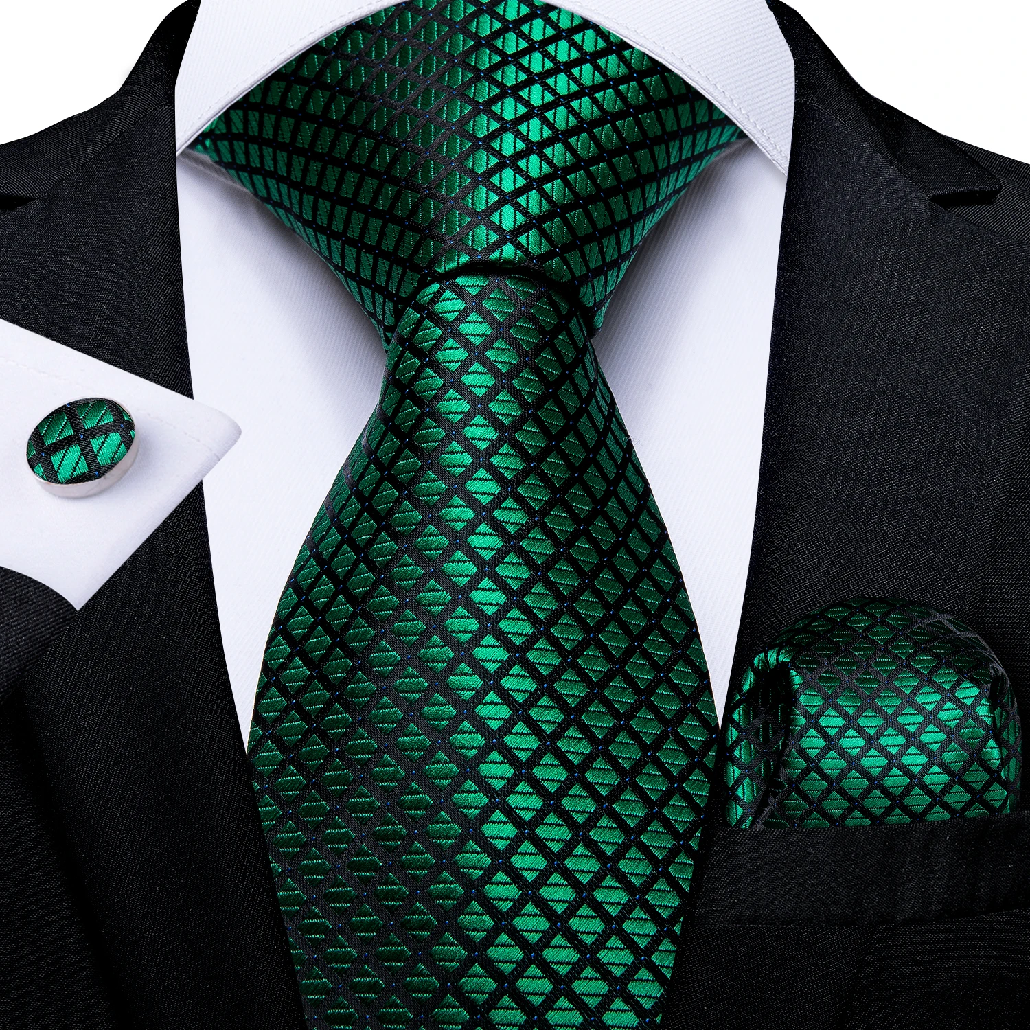 Black Plaid Green Silk Ties For Men With Pocket Square Cufflinks Men Accessories Wedding Neck Tie Set Gift For Men