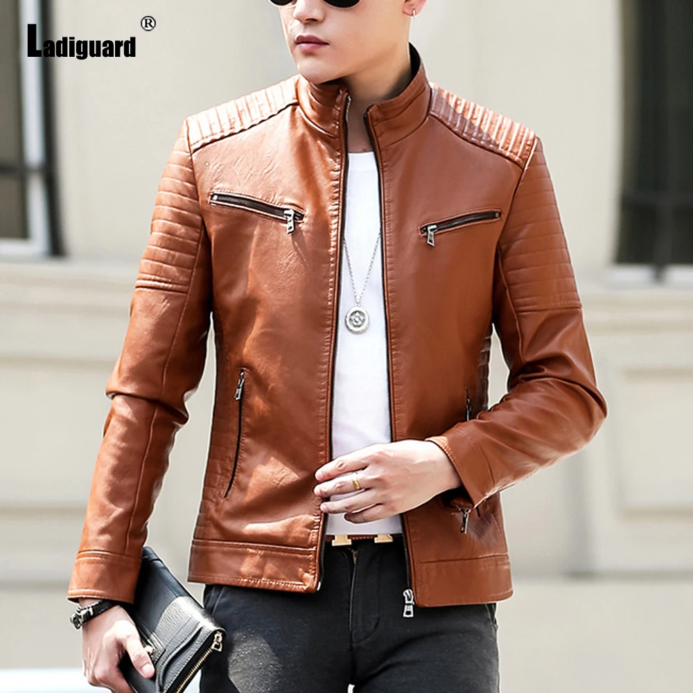 

Ladiguard 2022 Winter Pu Leather Jackets Men's Fashion Zipper Tops Outerwear Mandarin Collar Overcoats Sexy Faux Leather Jacket