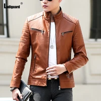 ladiguard 2022 winter pu leather jackets mens fashion zipper tops outerwear mandarin collar overcoats sexy faux leather jacket