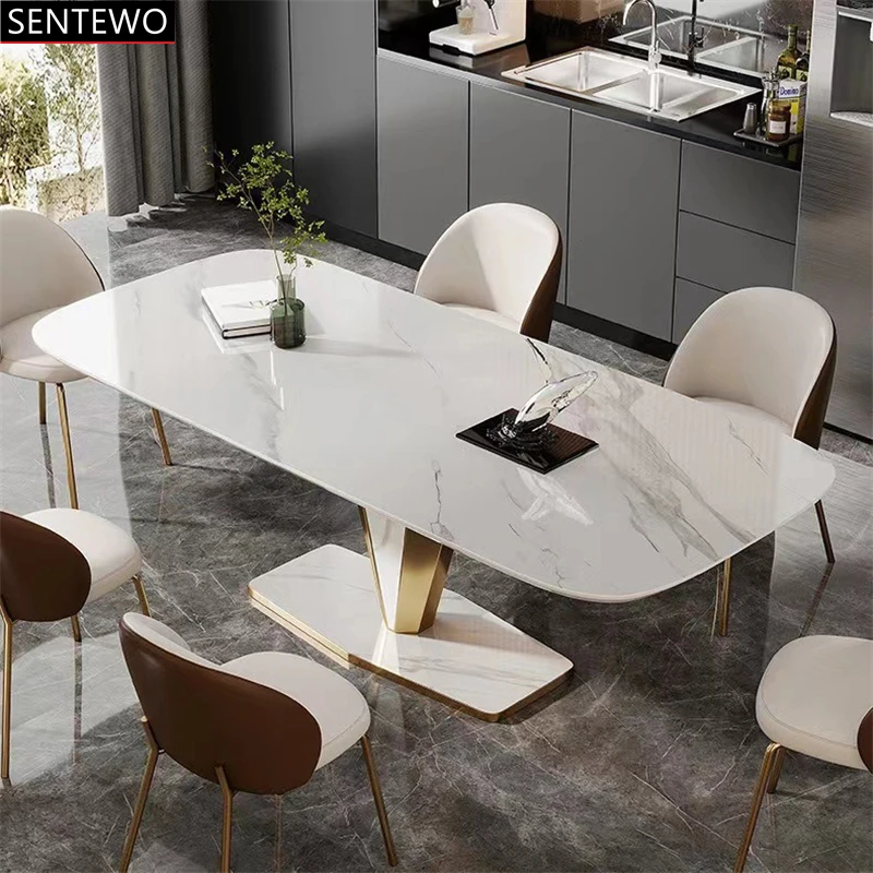 

Luxury Rock Slab Kitchen Dining Table Dinning Chair Set Stainless Steel Golden Base Faux Marble Table Chair Muebles De Cocina