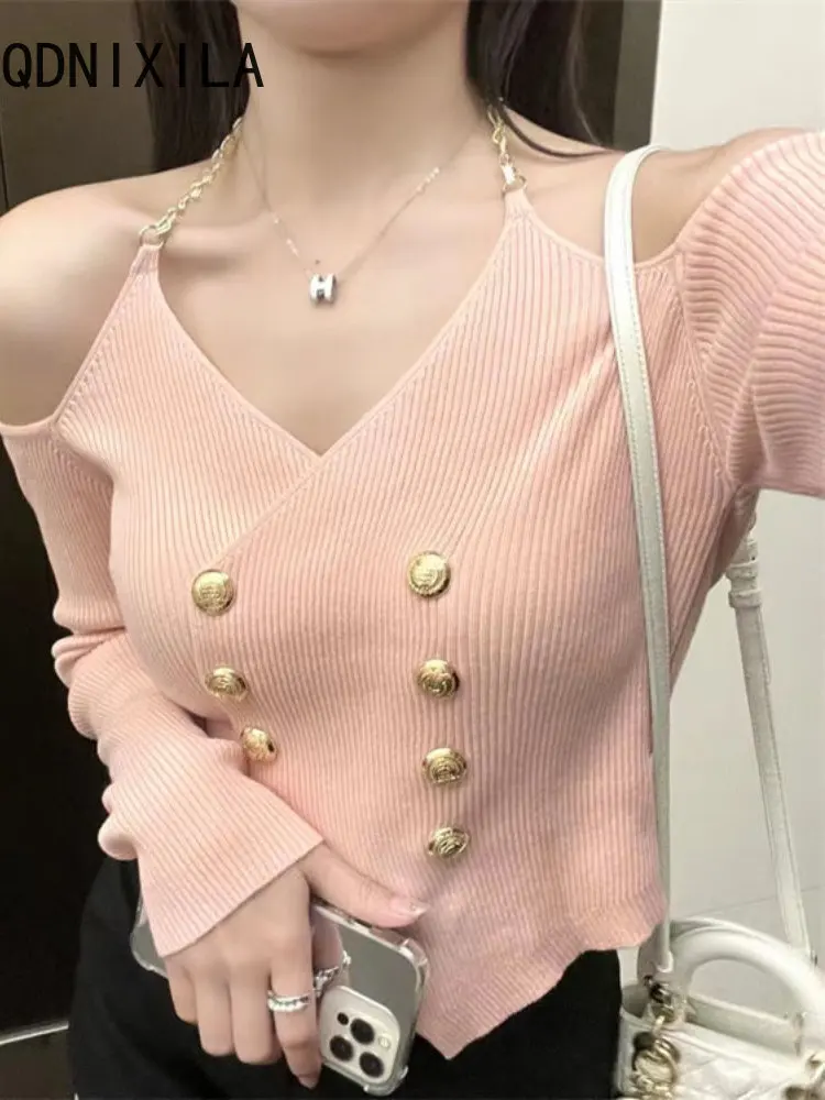 

Осенне-зимний новый однотонный сексуальный вязаный кардиган женский свитер с открытыми плечами и открытым воротником Топ с длинным рукаво...