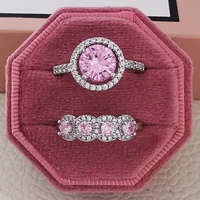 punki new fashion pink round creative cubic zirconia finger rings set for women girl cute bridal wedding party jewelry gift