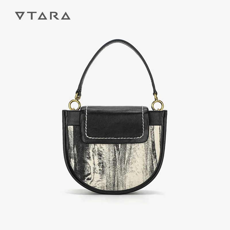 

Ytara New Original Black and White Watercolor Semi-Circular Saddle Bag Women's Crossbody Genuine Leather Shoulder Handbag