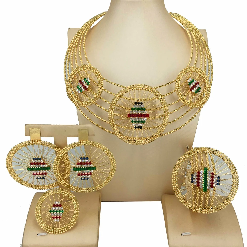 Модные Позолоченные Ювелирные наборы для женщин большое ожерелье серьги кольцо