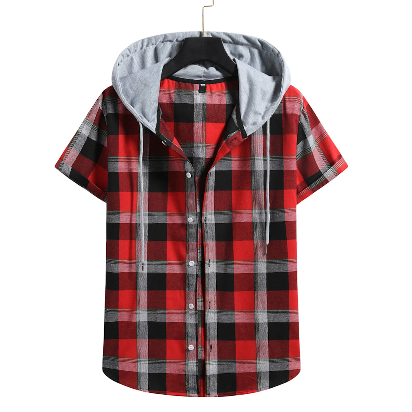 

Мужская Повседневная рубашка в клетку, с капюшоном и коротким рукавом