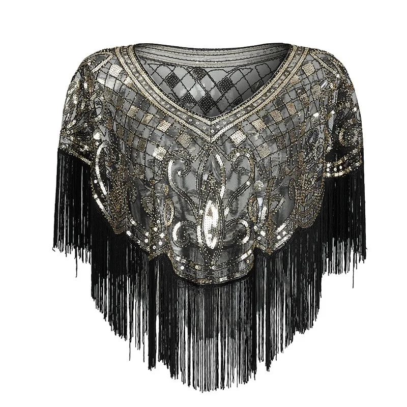 

2023 Elegant Vintage 1920s Scarves Pashmina Tassel Beaded Flapper Shawl Women Luxury Sequin Mesh Cape Cover Up Shawls and Wraps
