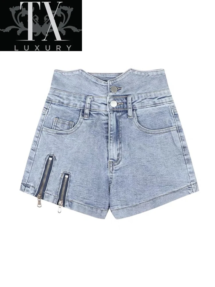 

New Summer Fashion Women Jeans High Waist Wigh Leg Casual Slim Fit Blue Denim Sexy Zipper Slit Irregular Shorts