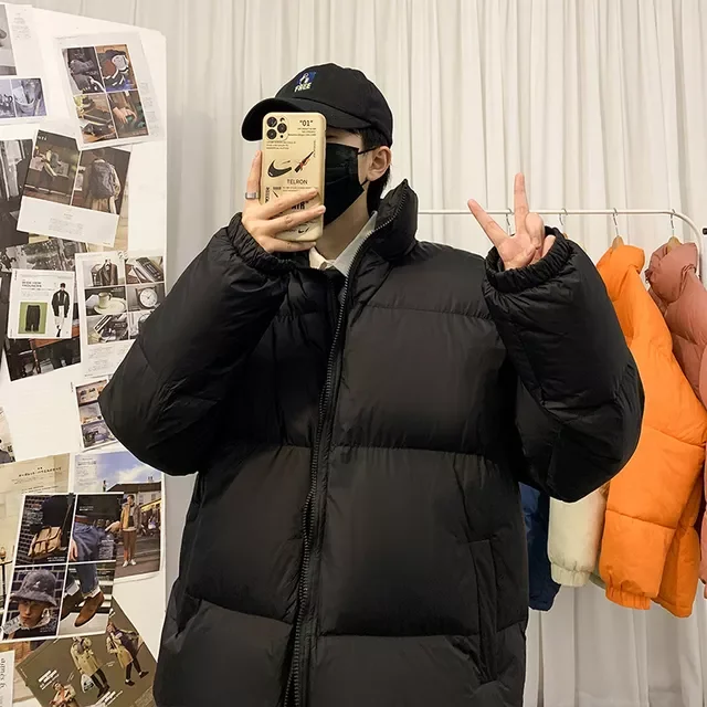 Men Harajuku Solid Color Coat Winter Mens Streetwear Hip Hop Parka Korean Black Warm Thick Jackets Fashion Clothes
