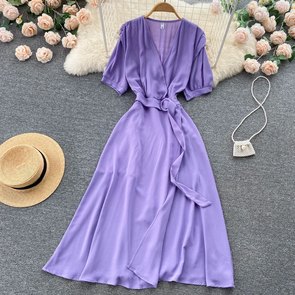 

2022Summer new ladies temperament acetate satin lace waist short-sleeved V-neck mid-length split solid color dress women's trend