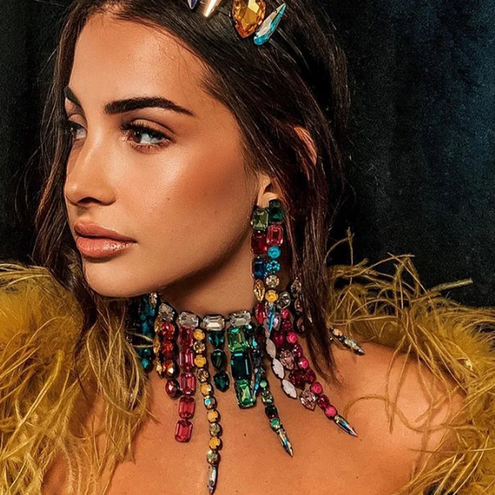 

Красочное большое хрустальное ожерелье Stonefans, эстетические украшения для женщин, квадратные Стразы, ожерелье-чокер с кисточками, рождестве...