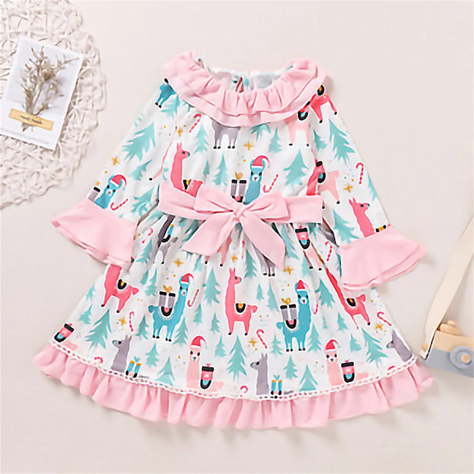 

Рождественское платье для маленьких девочек, милое лоскутное платье с длинными рукавами и мультяшными животными и бантом для маленьких дев...