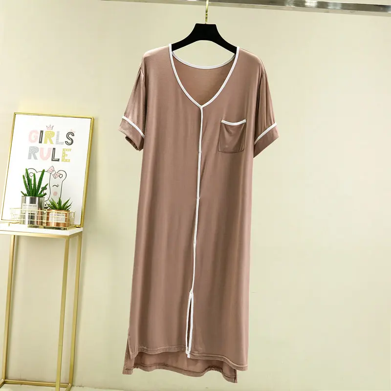 Summer Casual Dress For Women Elastic Nightdress Women's Modal V-Neck Short Sleeve Pocket Nightwear Fashion Home Clothes