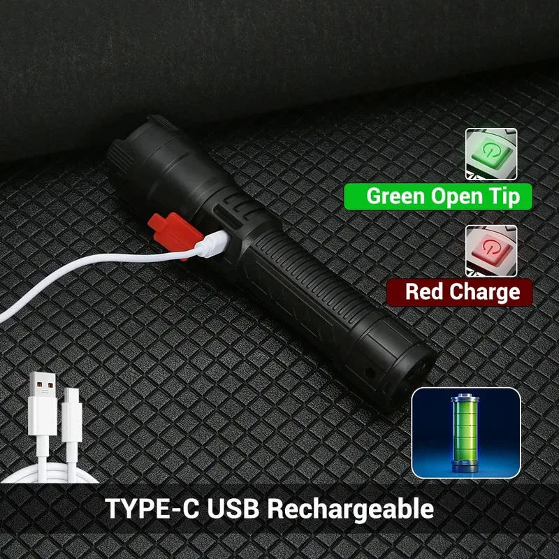 Фото Тактический светодиодный фонарик P900, высокий люмен, USB перезаряжаемый ручной фонарь с зум-индикатором питания для кемпинга, активного отдыха №3