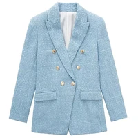 jennydave 2022 england style tweed double breasted blue color vintage blazer women fashion blazer women jacket and tops
