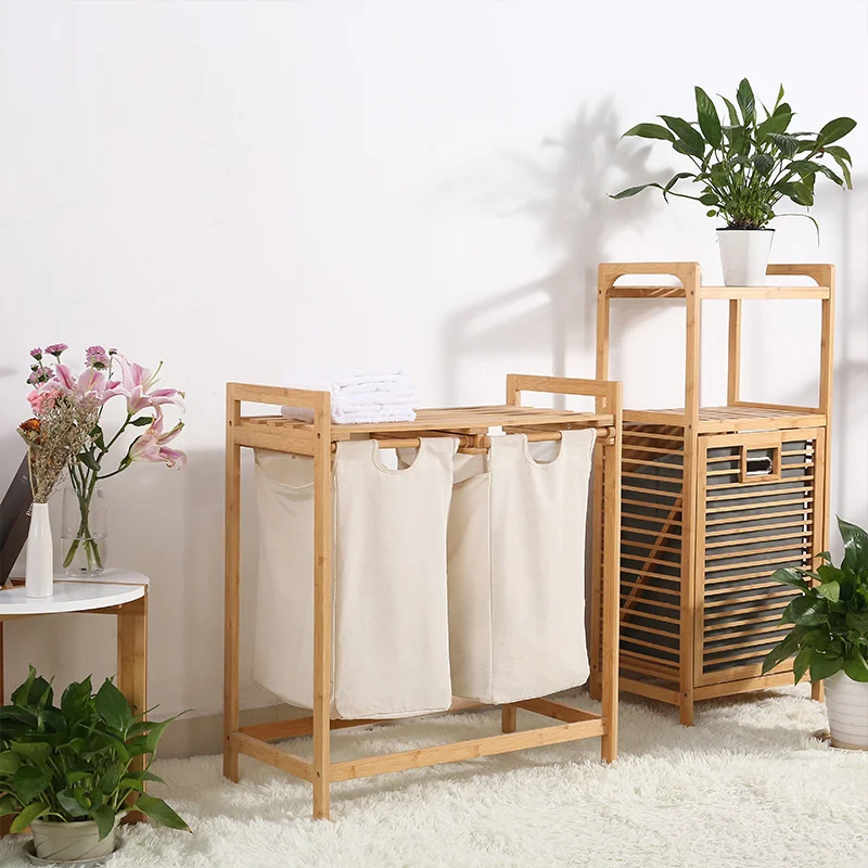 

Bamboo 2 Drawer Dirty Clothes Basket Household Cloth Laundry Basket Large Floor Dirty Clothes Storage Stand Bathroom Organizer