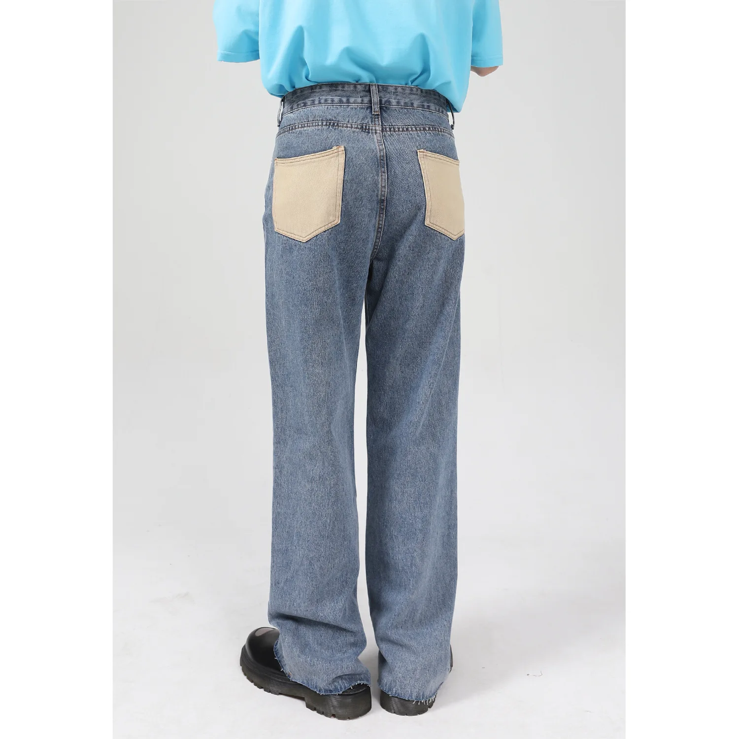 Four seasons men's Korean version split raw edge pocket stitching jeans men's wide leg pants fashion streetwear ins hot sale