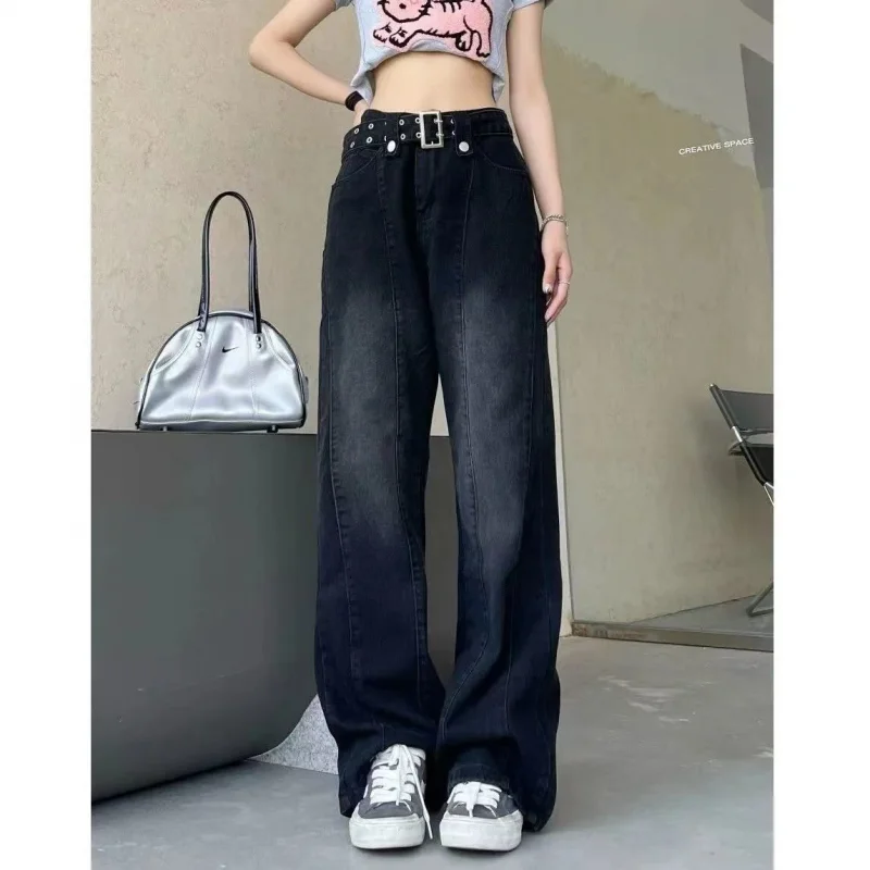 

New Fashion High-quality Casual Retro Washed Jeans Women's High Waist Mopping Trousers Slim Straight Wide Leg Pants Ins Tide