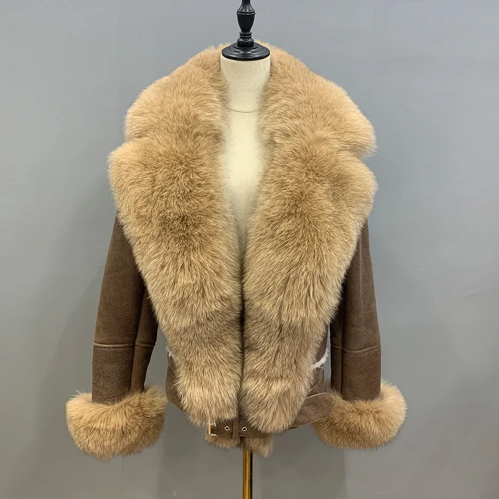 2023 Genuine Sheepskin Leather Jackets Women's Winter Shearling Coats Real Lamb Fur Lining Big Collar Natural Fox Outewear S8611