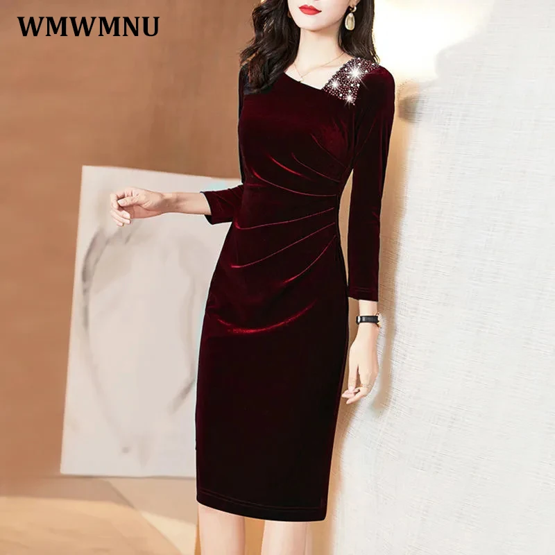 

Vintage Diamonds Velvet Evening Party Dress Women Elegant Slim Long Sleeve Pleated Velour Dresses Spring Autumn Korean Vestidos