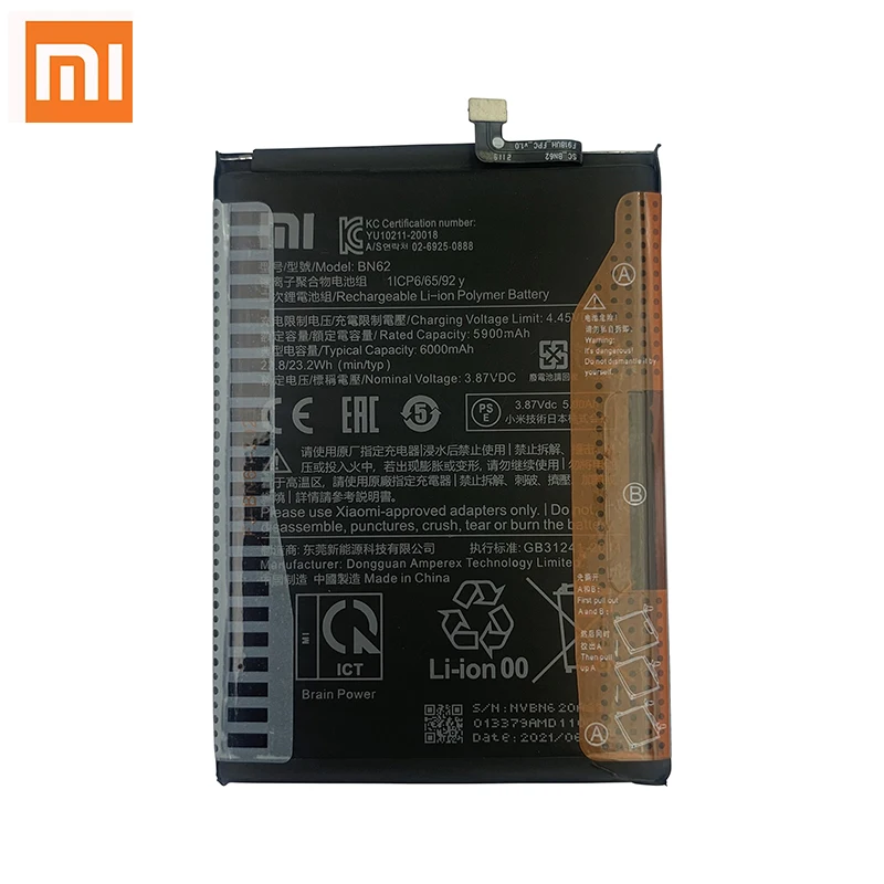 100% Оригинальный аккумулятор Xiao mi BN62 6000 мАч для телефона Xiaomi POCO M3 Redmi Note 9 4G 9T
