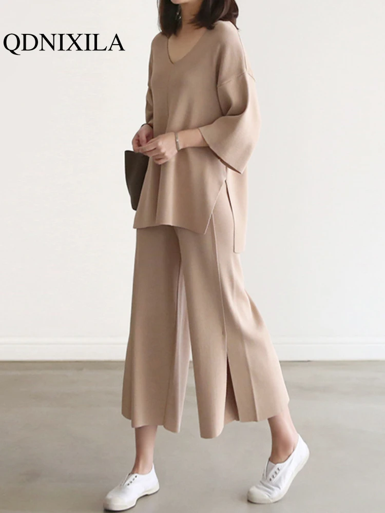 

Pants Sets Fashion Elegant 2023 Korean Spring Autumn Clothes for Women New In Knitwear Wide Leg Pants Two Piece Set for Women