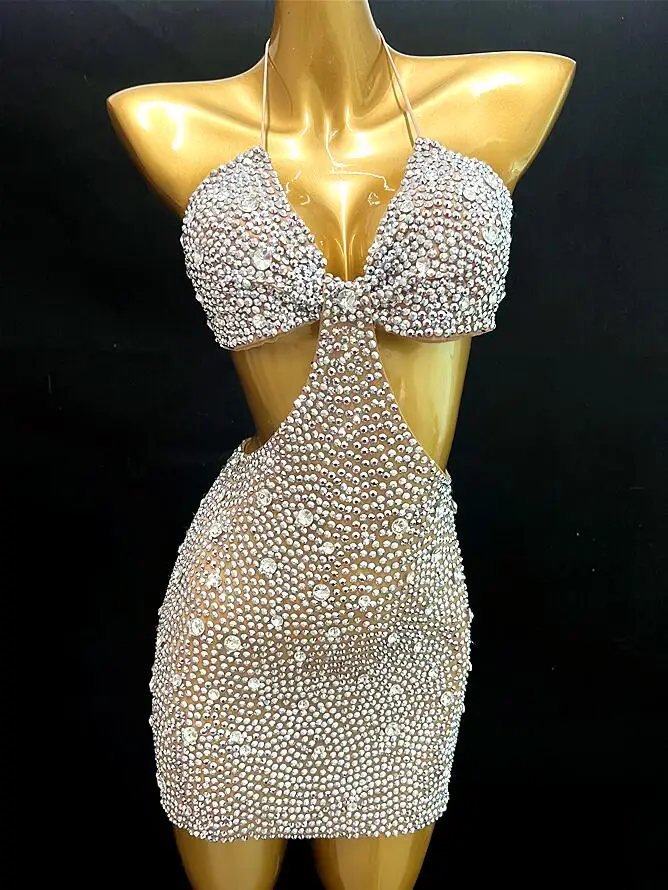 

Silver Full Rhinestones Bikini Mini Dress Sexy Transparent Mesh Bodysuit Birthday Celebrate Outfit Evening Dance Outfit