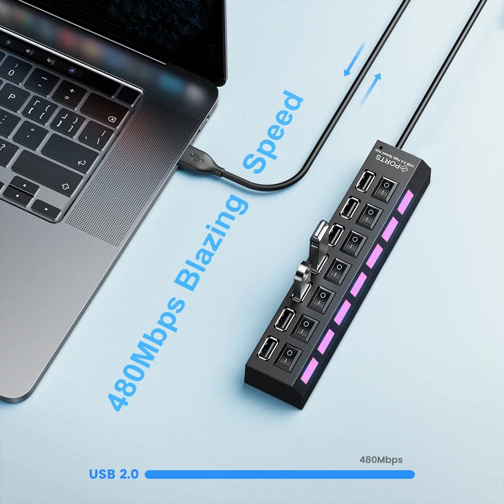 Фото 4/7-портовый USB-концентратор USB 2.0, разветвитель, многопортовый концентратор, адаптер питания, несколько концентраторов расширителей с переключателем, кабель 30 см для ноутбука №2