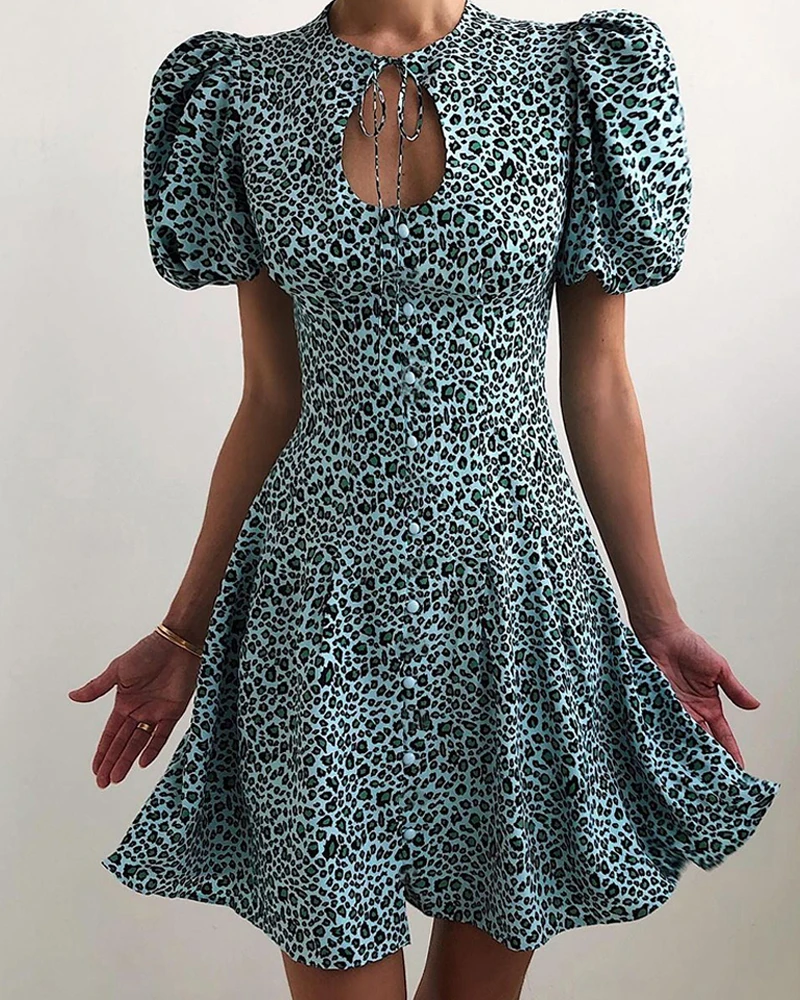Шифоновое платье в стиле ретро с леопардовым принтом, облегающее ТРАПЕЦИЕВИДНОЕ мини-платье на шнуровке с рукавами-фонариками спереди, жен...
