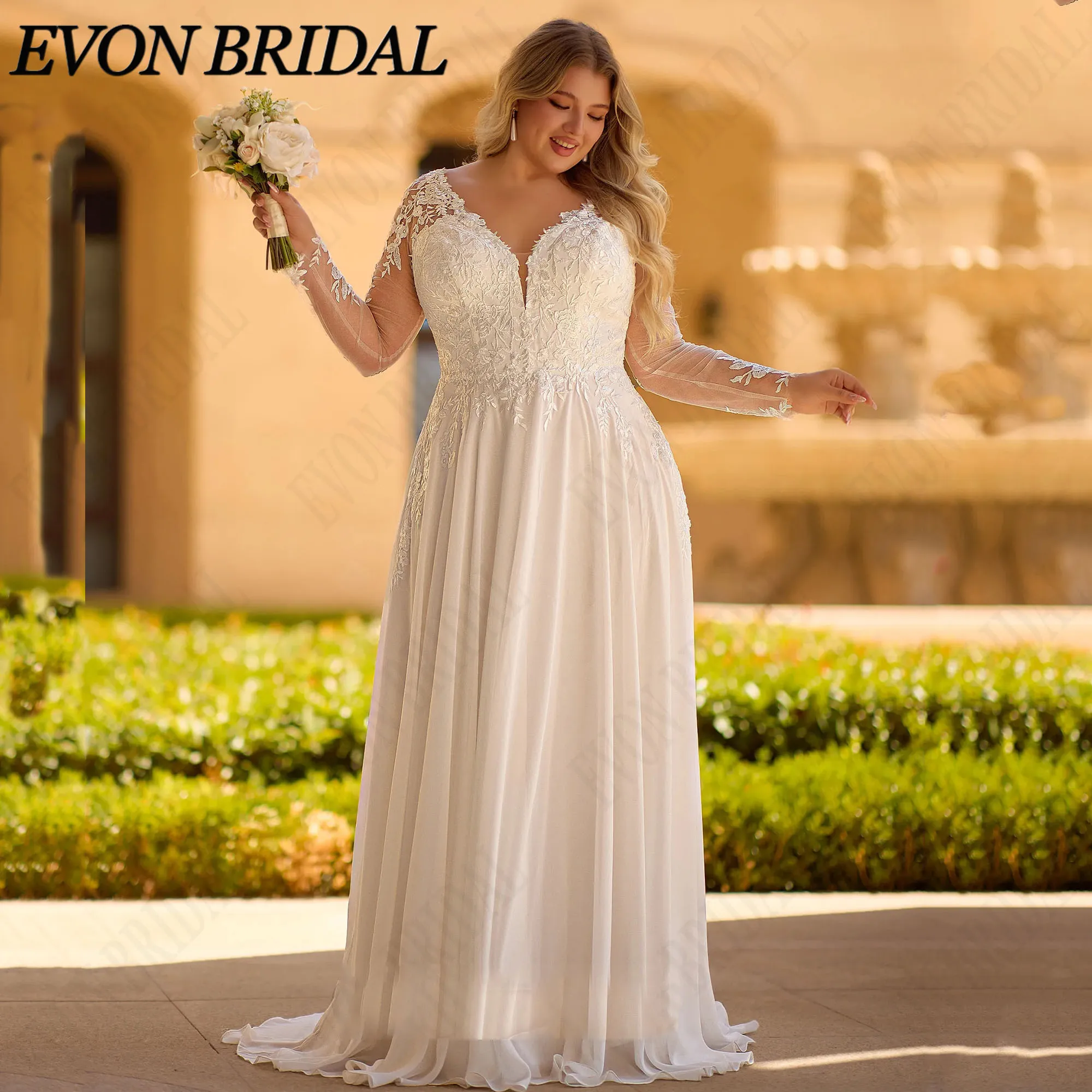 Фото EVON BRIDAL Свадебное платье кружевные аппликации длинные рукава А-силуэт шифон V-образный вырез открытая спина свадебное платье на заказ большого размера молния с пуговицами стиль бохо платье невесты №3
