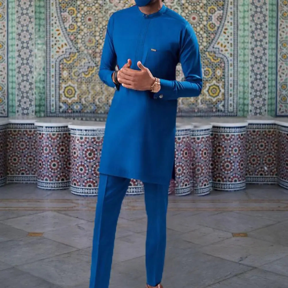 Tops Trousers Set Straight Pattern Soft Firm Stitching Long Top Two-pieced Tops Pants Set Autumn Men Suit Daily Garment