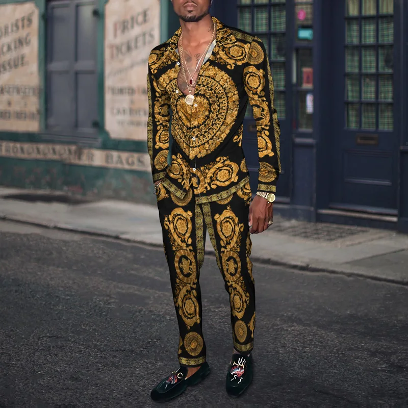 Spring Men's 3D Retro Harajuku Long-Sleeved Shirt With Trousers Two-Piece Set Sportswear Spring Style Male Shirts Casual Pants