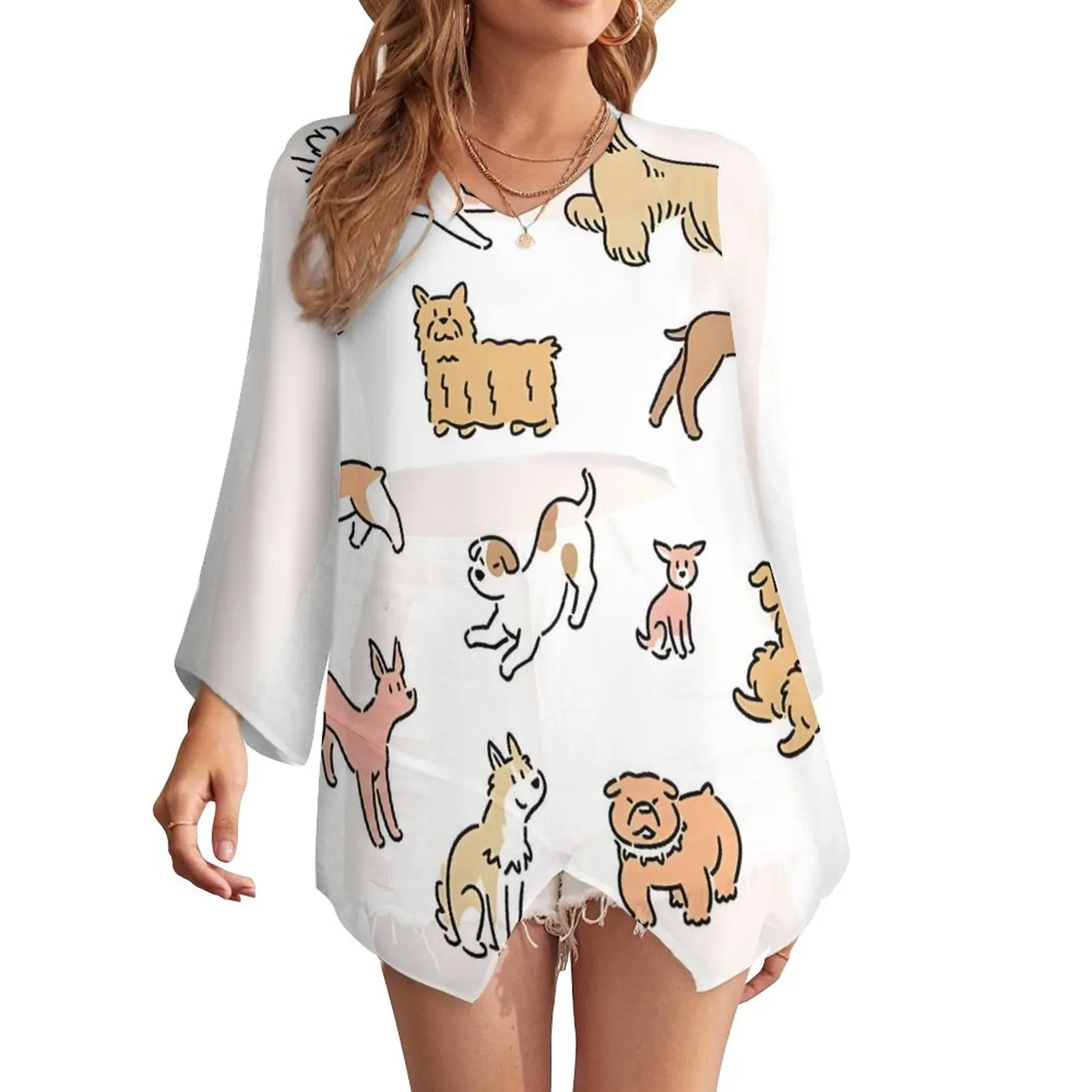 

Cute Animal Print Women'S Sunscreen Long Sleeved Irregular Hem Chiffon Beach Wear With Casual And Elegant Style