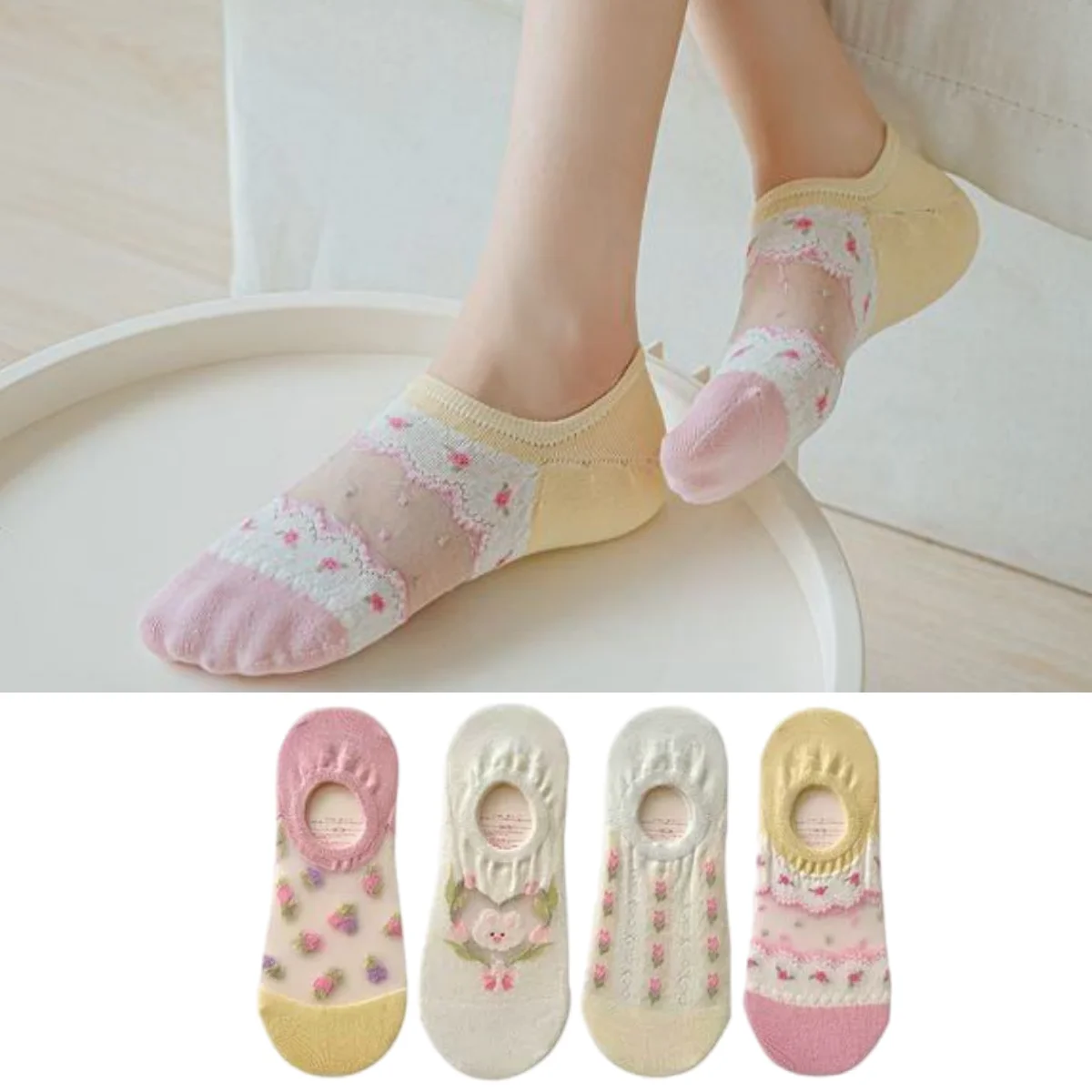 

Summer Ultra-thin Transparent Crystal Silk Socks Cute Cartoon Low Cut Socks Women Silicone Anti-slip Invisible No Show Socks Sox